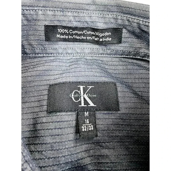 Calvin Klein Size Medium 15 32-33 Men Charcoal Gray Stripe Button Down L/S Shirt - Picture 4 of 9